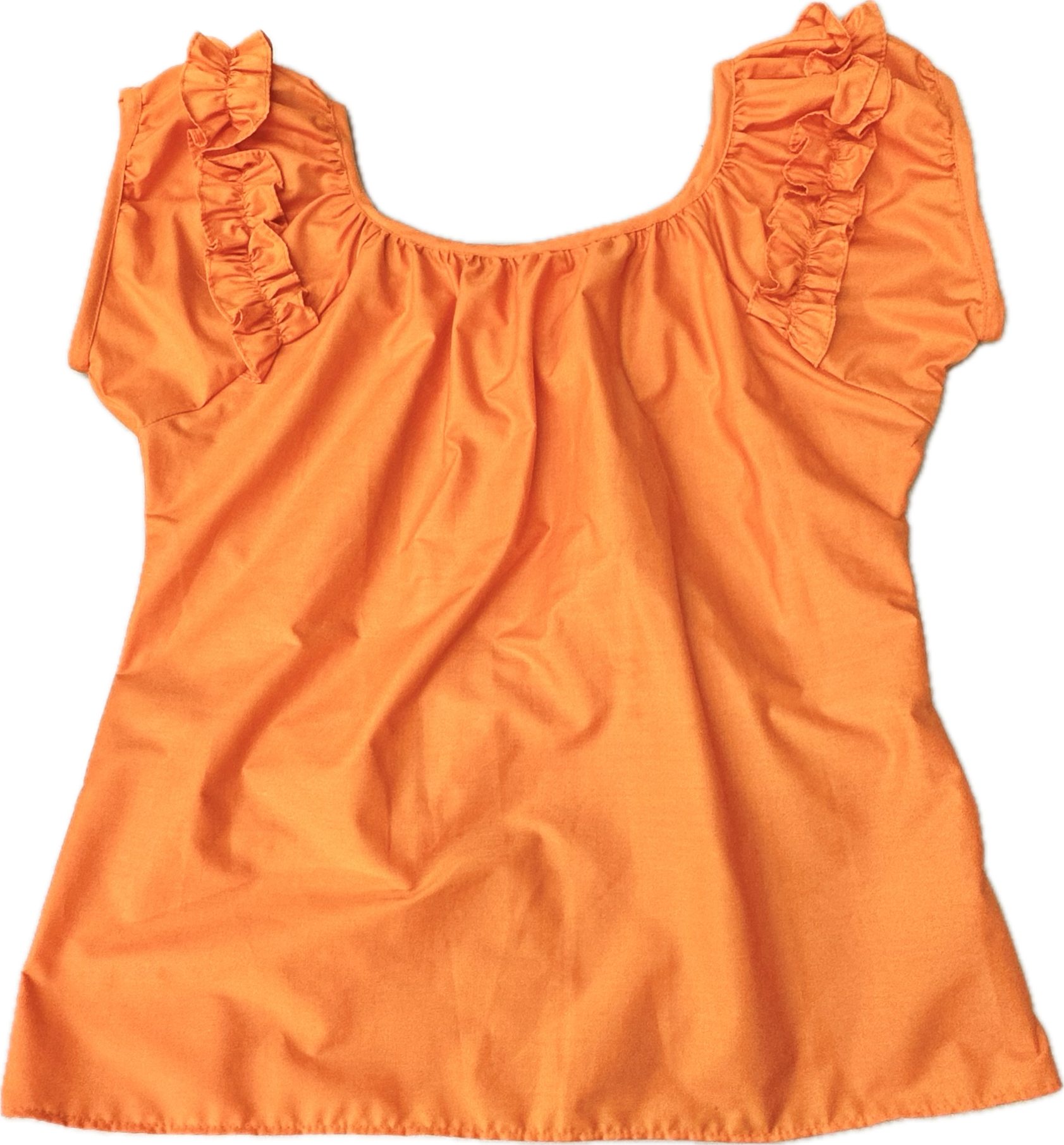 The Square Up Fashions Basic Ruffle Blouse features orange cap sleeves with ruffled shoulder details, shown on a flat white background. Custom sizes available for the ideal fit.