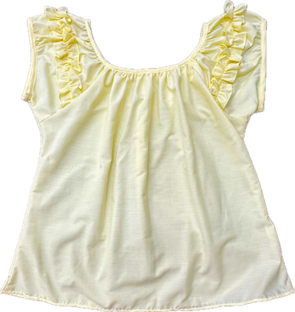 Square Up Fashions' Basic Ruffle Blouse in light yellow features ruffled shoulders and cap sleeves, shown flat on a white background. Custom sizes available.