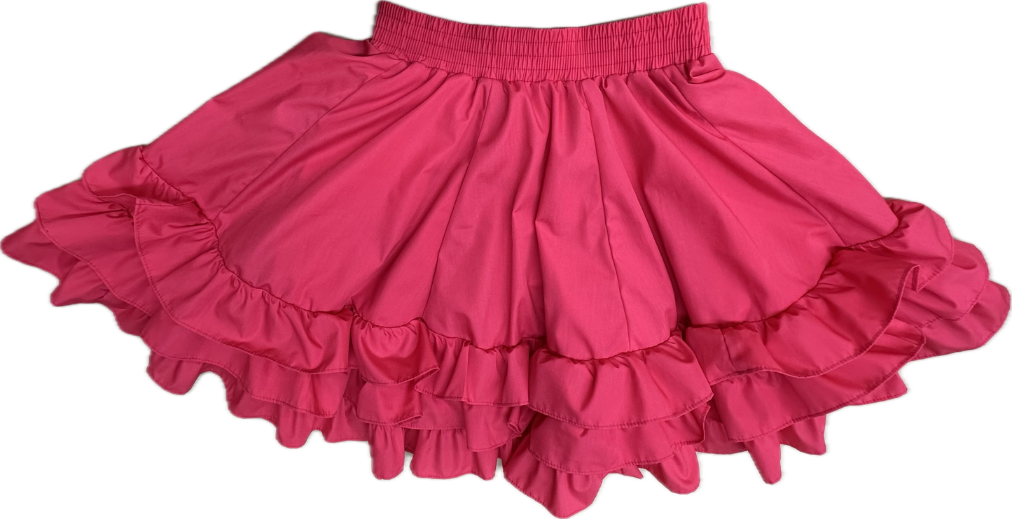 The 3 Ruffle Square Dance Skirt by Square Up Fashions features bright pink layered ruffles, an elastic waistband, and custom sizing. Shown on a white background.