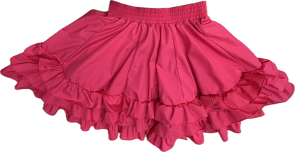 The 3 Ruffle Square Dance Skirt by Square Up Fashions features bright pink layered ruffles, an elastic waistband, and custom sizing. Shown on a white background.