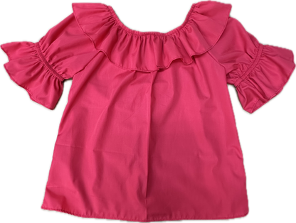 The Square Up Fashions Scoop Neck Blouse is a bright pink, short-sleeved top with ruffled sleeves and an off-the-shoulder split ruffle collar, shown laid flat on a white background.