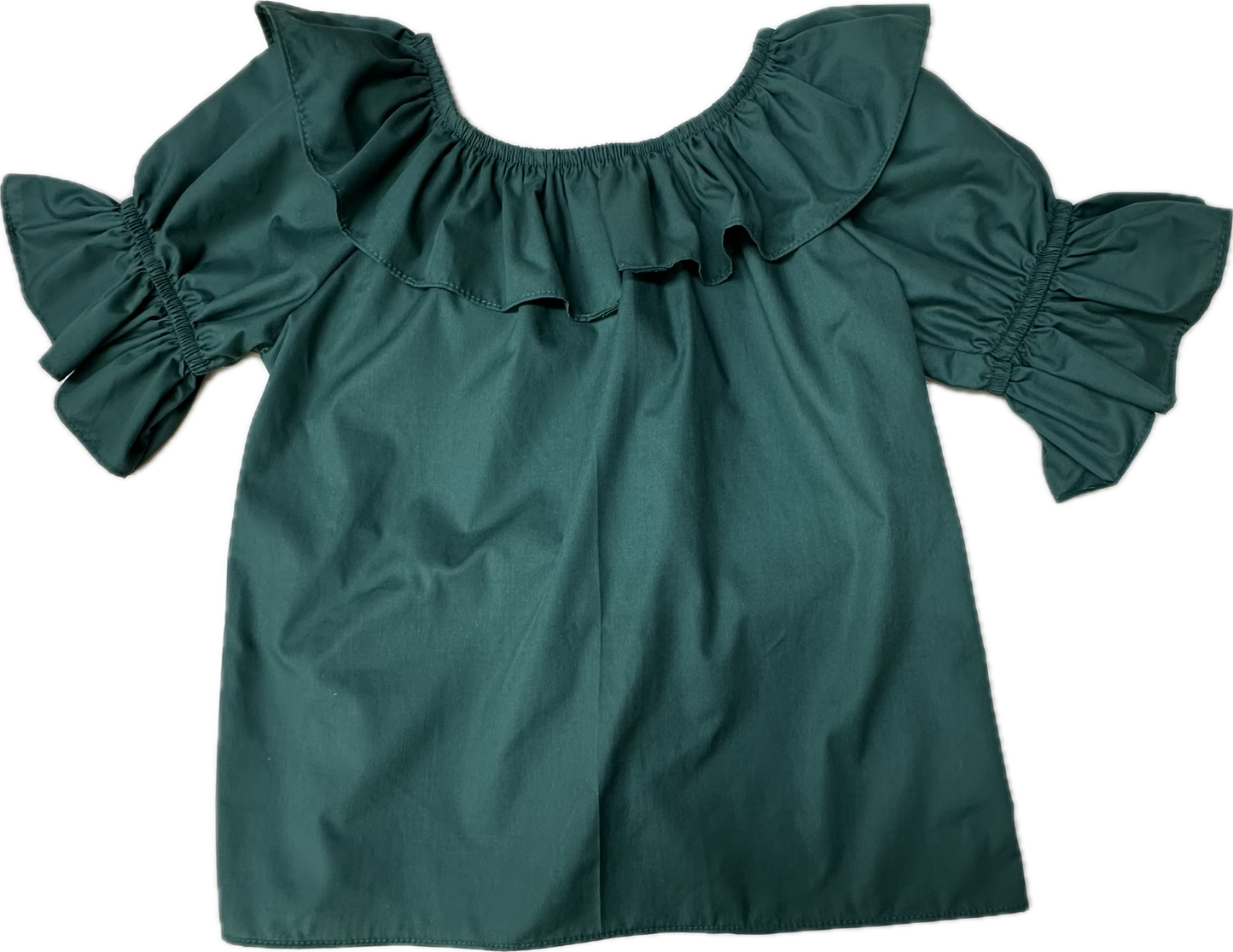 The Square Up Fashions Scoop Neck Blouse in dark green features an off-the-shoulder design with a split ruffle collar and ruffled sleeves, shown flat on a white background.