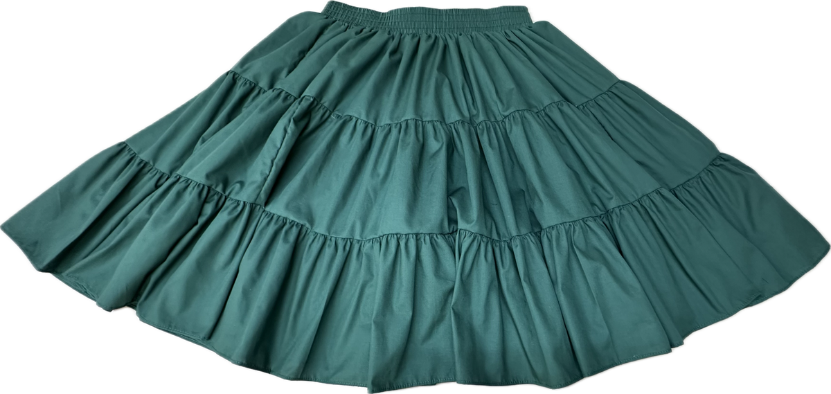 The Square Up Fashions Basic 3 Tier Square Dance Skirt in green features an elastic waistband and a classic, versatile design—an essential addition to any wardrobe. Shown laid flat against a white background.