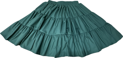 The Square Up Fashions Basic 3 Tier Square Dance Skirt in green features an elastic waistband and a classic, versatile design—an essential addition to any wardrobe. Shown laid flat against a white background.