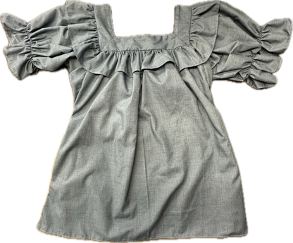 The Square Neck Blouse by Square Up Fashions features a gray color, ruffled trim, and puffed short sleeves. Laid flat on a white background, it's designed to stay tucked for all-day comfort.