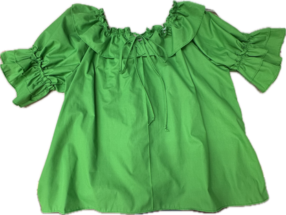 The Square Up Fashions Faux Drawstring Blouse features green short sleeves, a ruffled neckline, tie-front detail, and double ruffle sleeve cuffs. Shown laid flat on a white background for a comfortable fit.