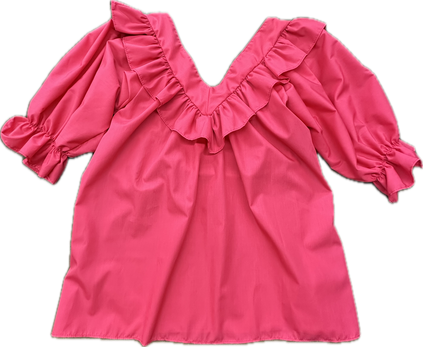 The Square Up Fashions V Neck 3/4 Sleeve Blouse is a bright pink top with puff sleeves, a deep V-neckline, and ruffled trim, adding a playful and feminine touch.
