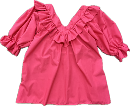 The Square Up Fashions V Neck 3/4 Sleeve Blouse is a bright pink top with puff sleeves, a deep V-neckline, and ruffled trim, adding a playful and feminine touch.
