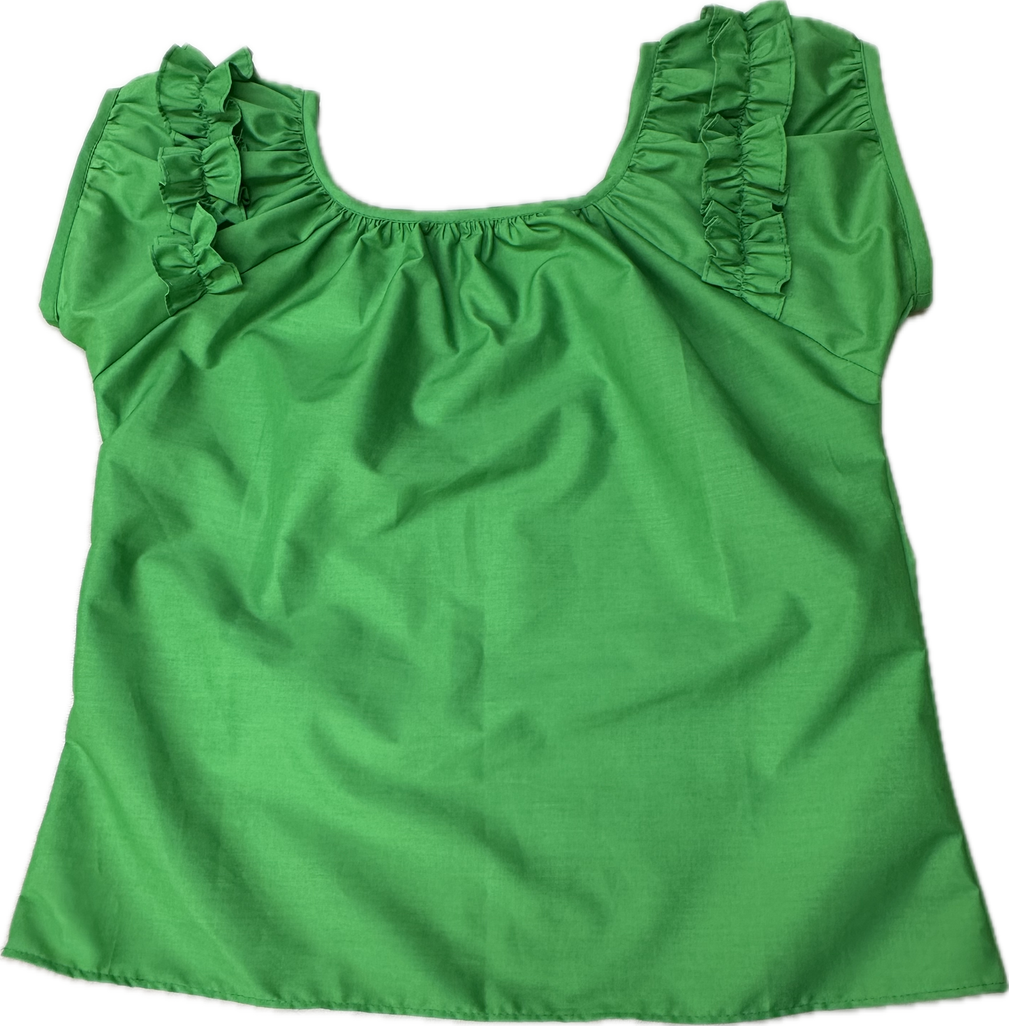 The Basic Ruffle Blouse by Square Up Fashions features a green, short-sleeve design with a square neckline and ruffle details on the shoulders, shown flat on a white background.
