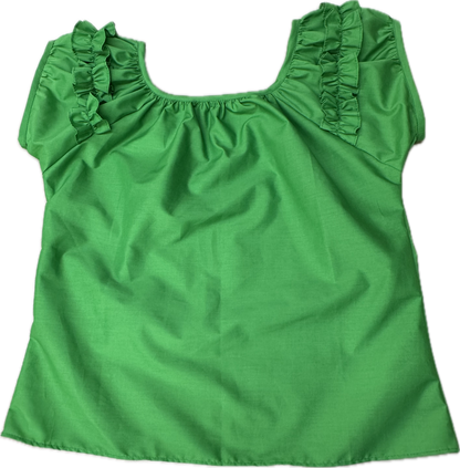 The Basic Ruffle Blouse by Square Up Fashions features a green, short-sleeve design with a square neckline and ruffle details on the shoulders, shown flat on a white background.