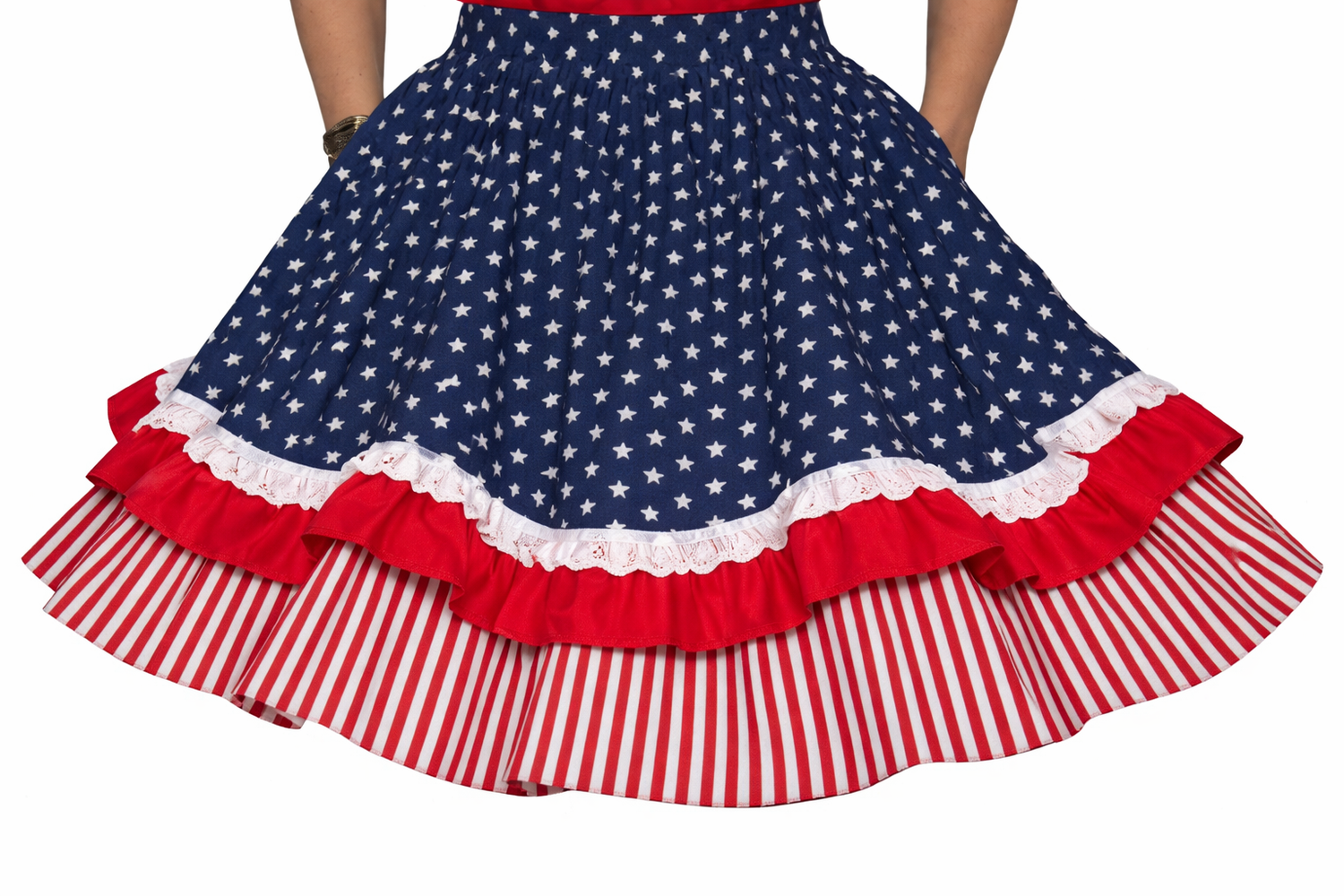 The Square Up Fashions Patriotic Spirit 250th Anniversary Skirt features blue with white stars, red and white ruffles, and red and white stripes—a festive American flag-inspired look perfect for square dancing.