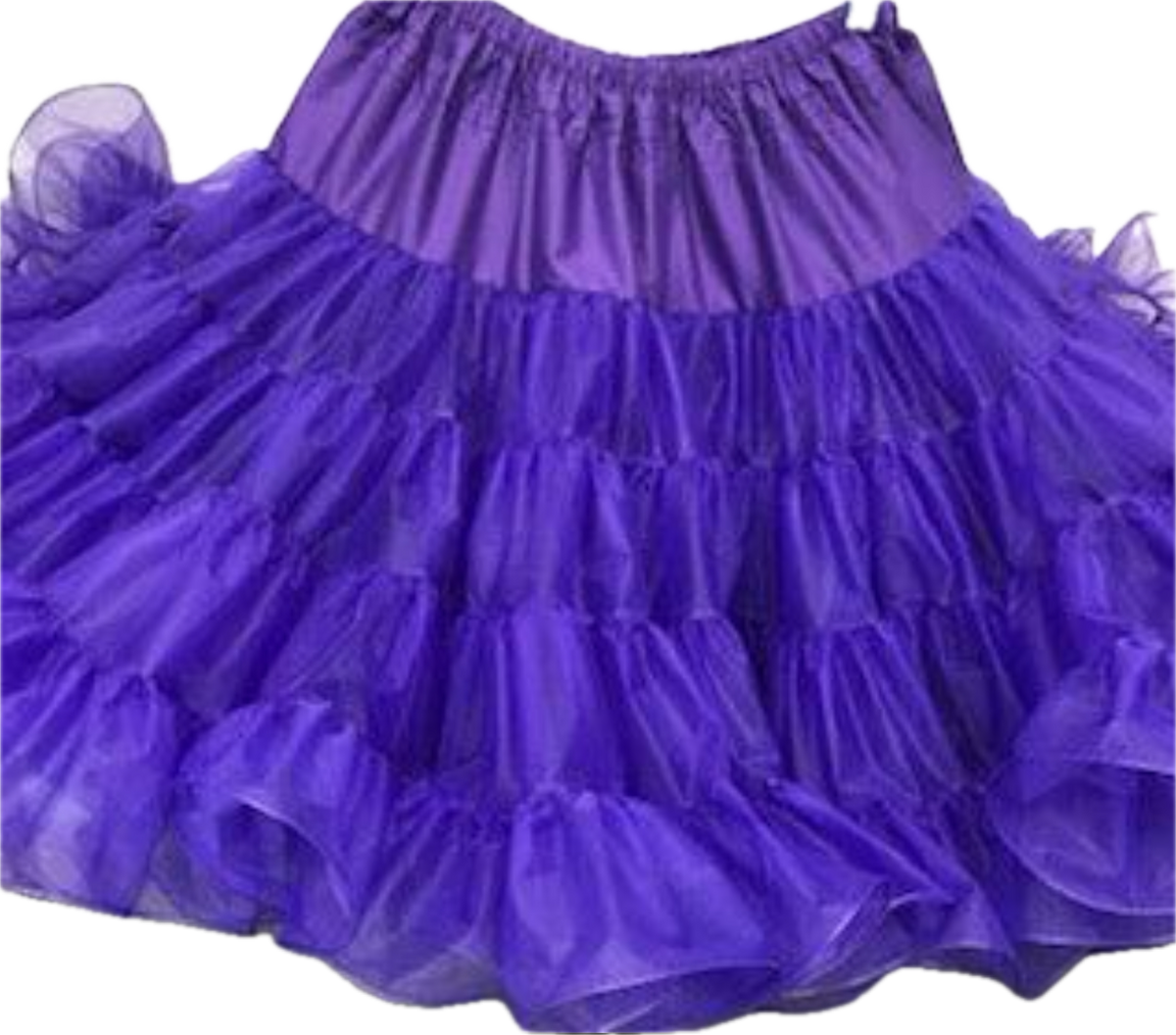 A purple ruffled nylon Organdy Stiff Petticoat skirt on a black background from Square Up Fashions.