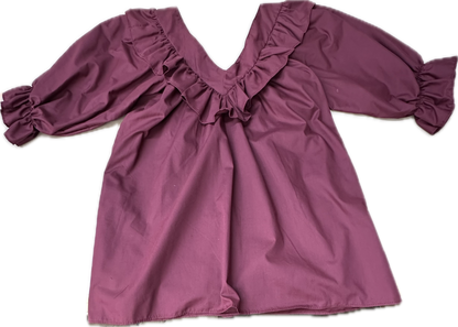 The Square Up Fashions V Neck 3/4 Sleeve Blouse in deep purple features ruffled trim along the neckline and elastic cuffs, shown on a white background.