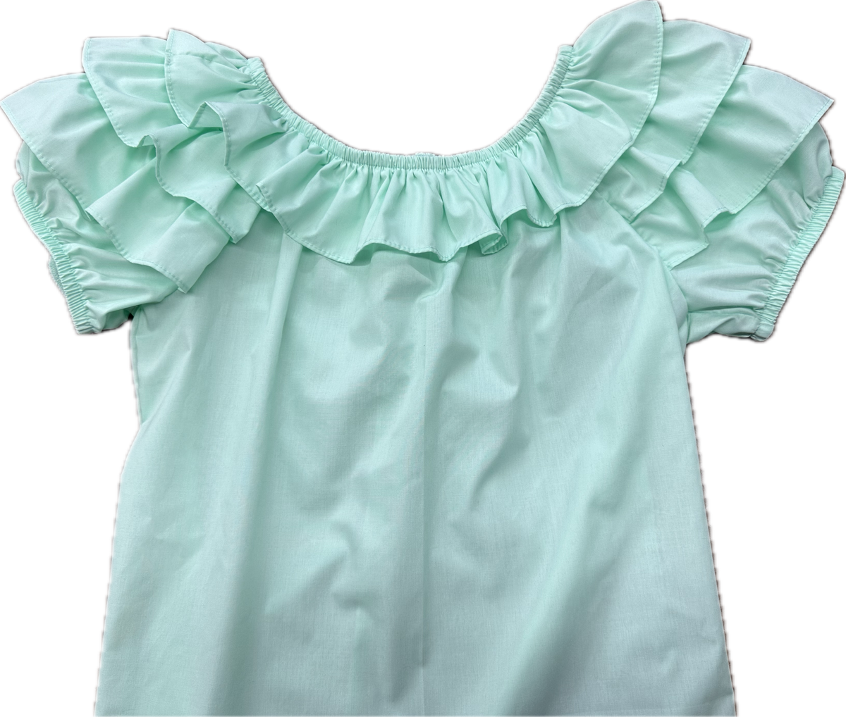 A Triple Ruffle Blouse with mint green color from Square Up Fashions with ruffled sleeves.