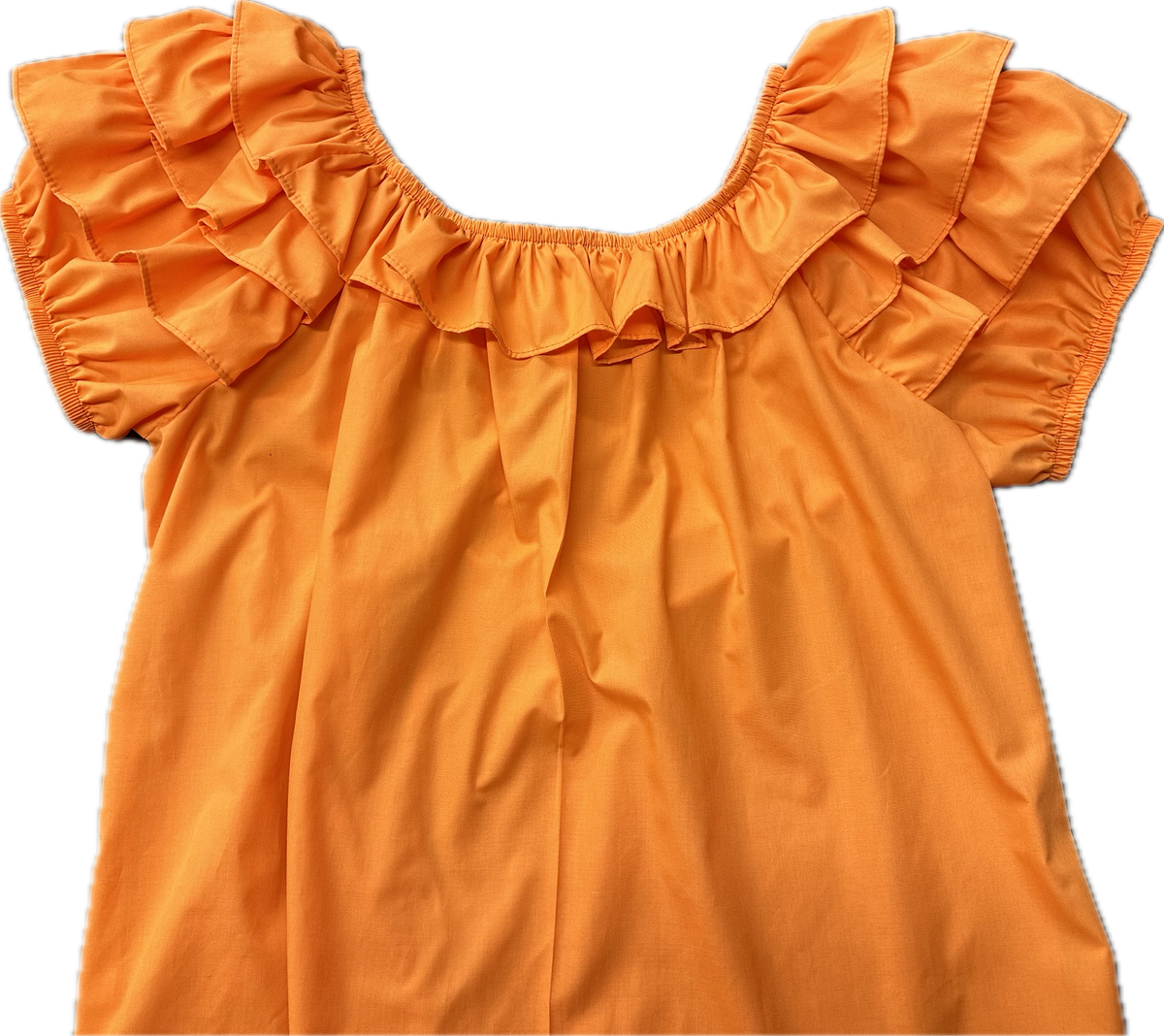 An orange Triple Ruffle Blouse by Square Up Fashions with ruffled sleeves.