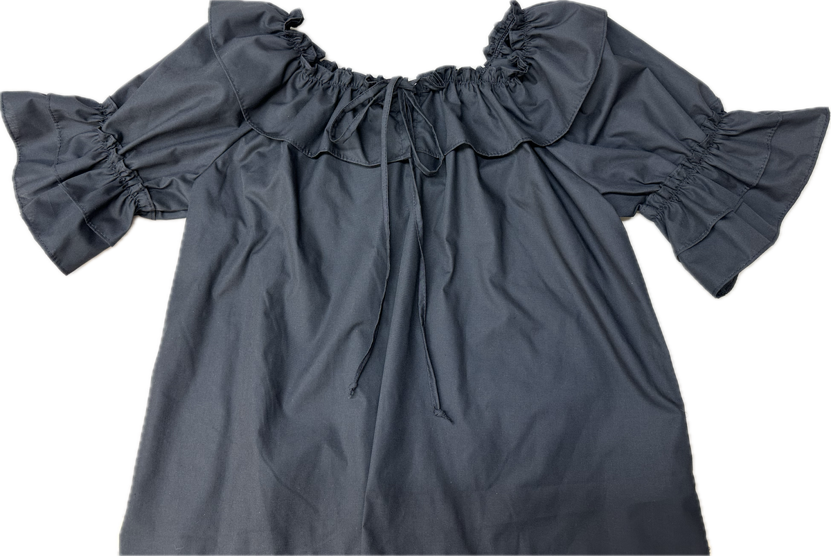 A comfortable fit Faux Drawstring Blouse with double ruffle sleeves from Square Up Fashions.