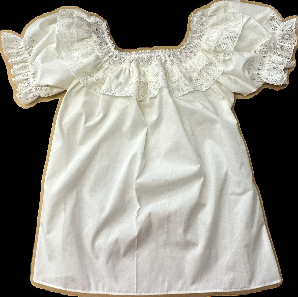 The Fiesta Laced Round Neck Blouse by Square Up Fashions features white cotton, short ruffled fiesta lace sleeves, and a delicate lace ruffle at the neckline, shown laid flat on a plain background.