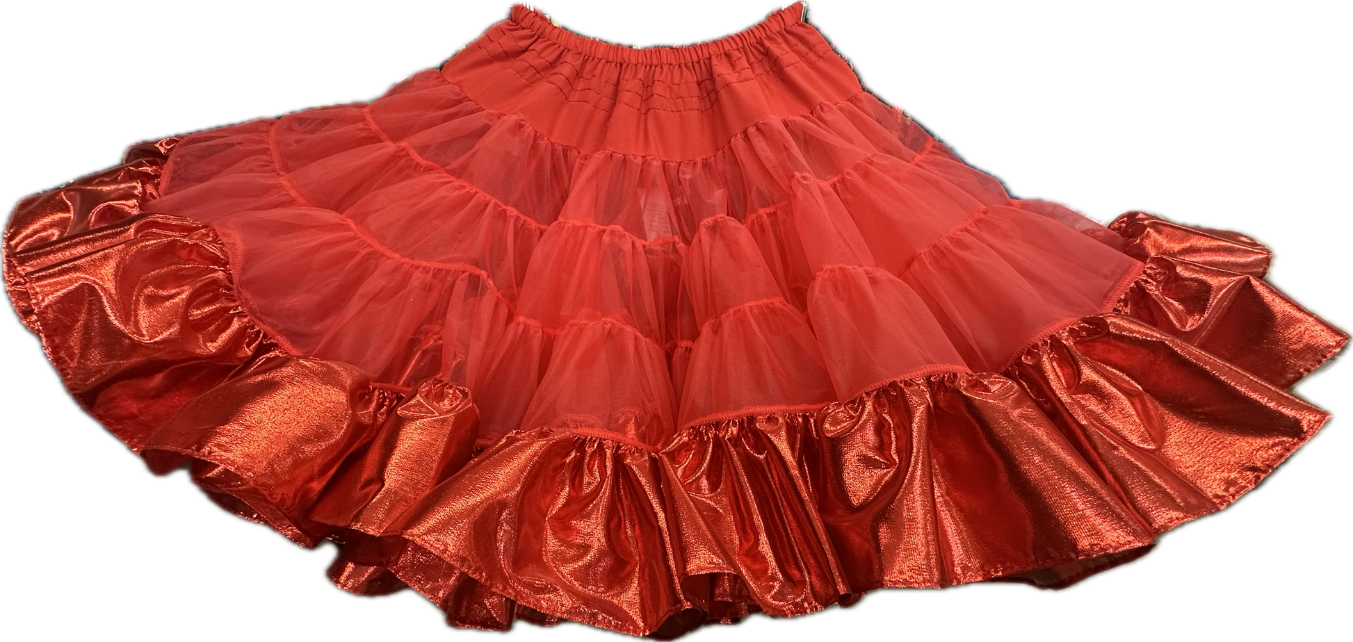 Add flair to your square dance outfit with the Combo Metallic Petticoat (60 yard) by Square Up Fashions, featuring red ruffled layers of tulle and shiny tissue lame trim for a striking custom look.