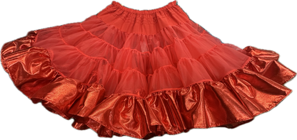 Add flair to your square dance outfit with the Combo Metallic Petticoat (60 yard) by Square Up Fashions, featuring red ruffled layers of tulle and shiny tissue lame trim for a striking custom look.