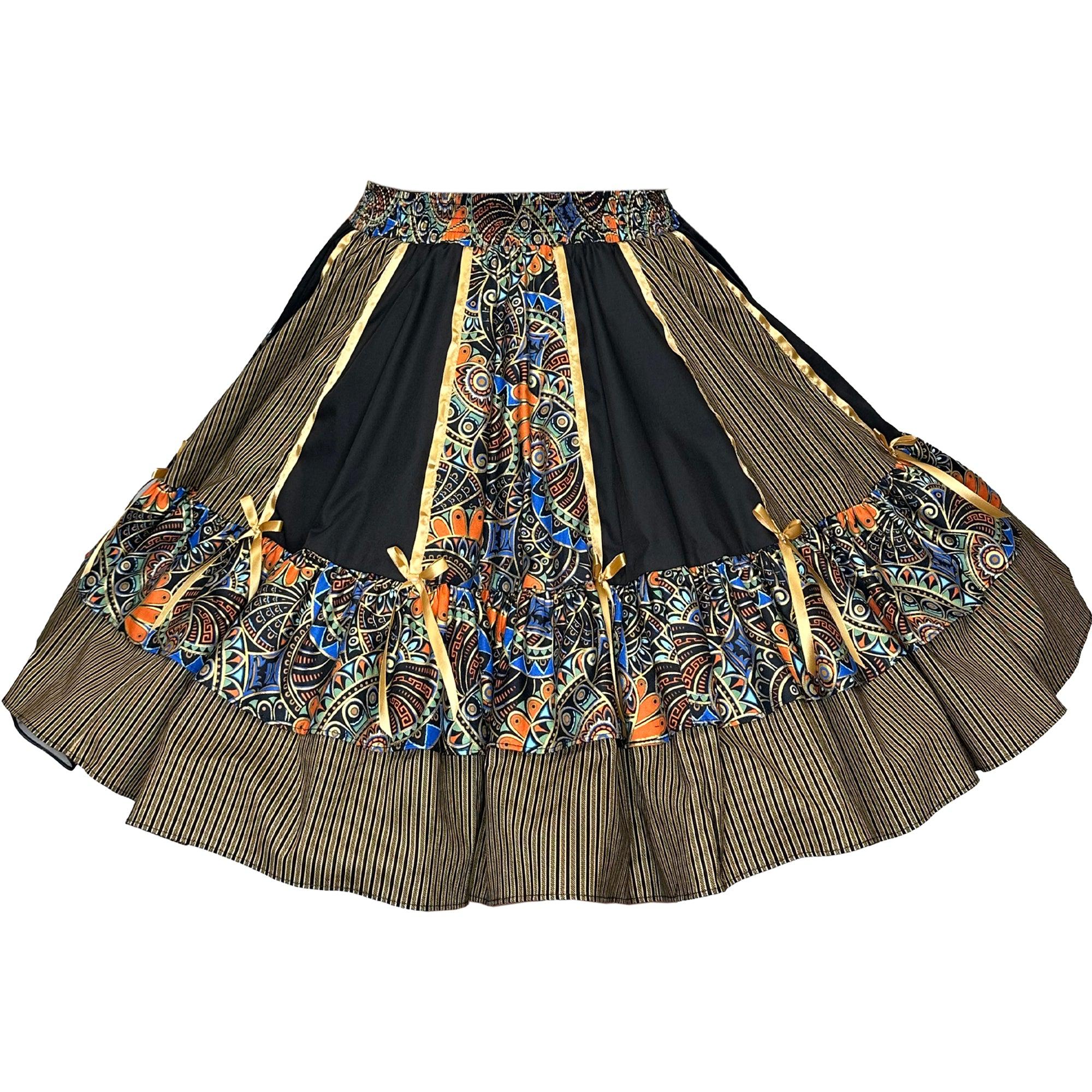 A black and orange Sophisticated Gold Stripe Skirt with ruffles from Square Up Fashions.