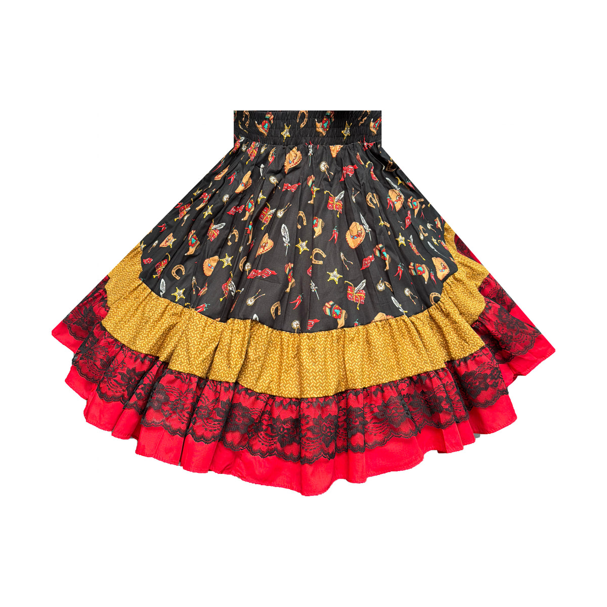 Medium Cowboy Print Skirt with Tan and Red Ruffles