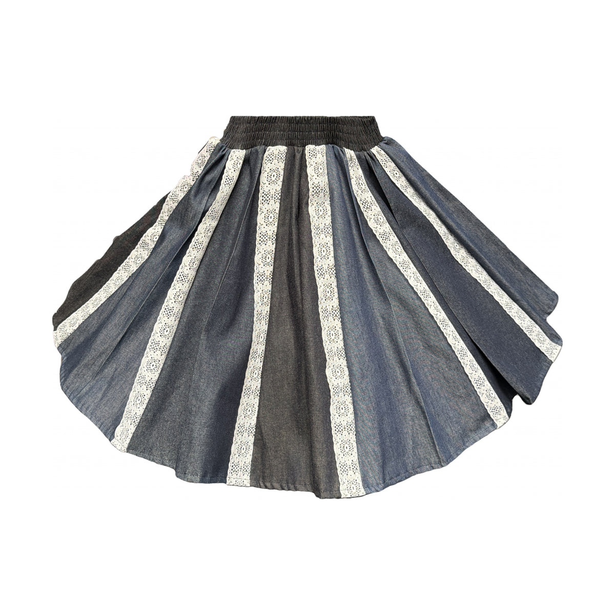 Small Full Gore Multi-Colored Denim Skirt with White Lace