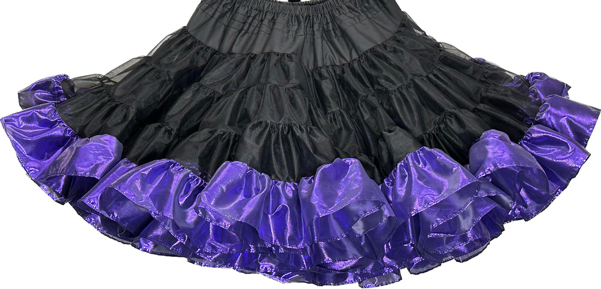 A black and purple skirt with ruffles, perfect for Square Up Fashions&#39; Combo Metallic Petticoat square dance outfit.