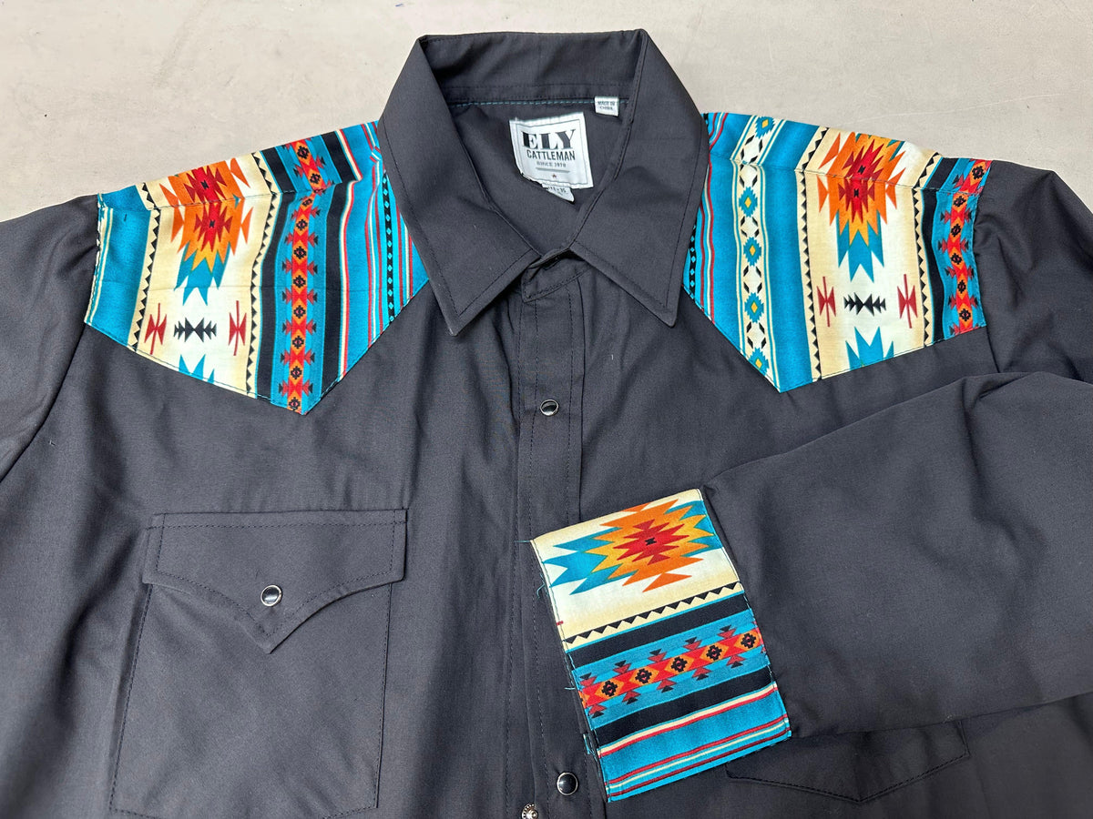 A cotton MATCHING Print Yoke and/or Cuffs shirt with a colorful southwestern pattern and cuffs. Brand: Ely Shirts.