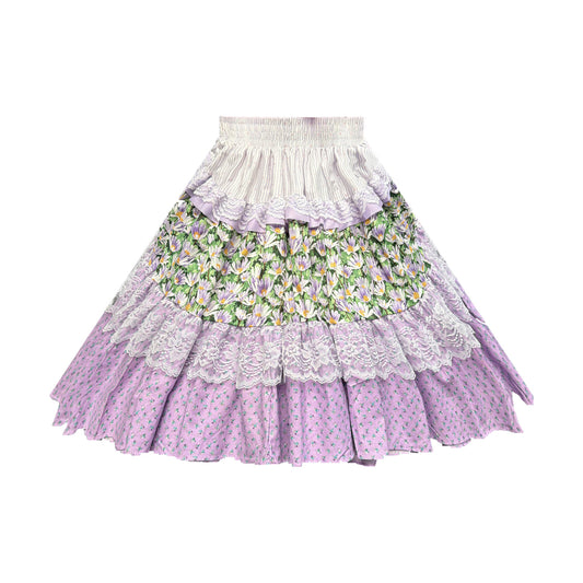 Small Three-Tiered Lilac Print White Lace Skirt
