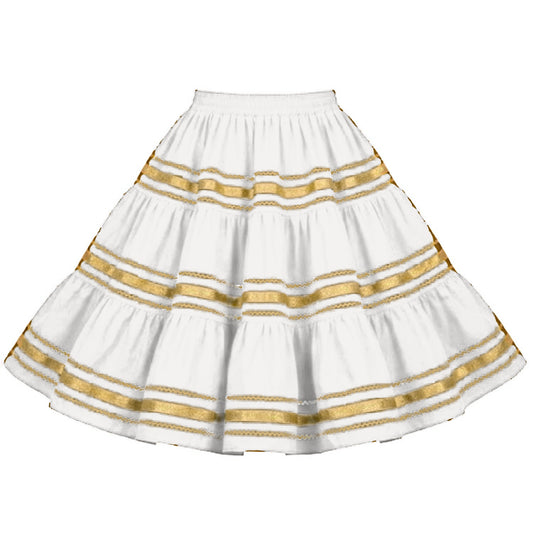 Metallic Square Dance Skirt in White with Gold Trim