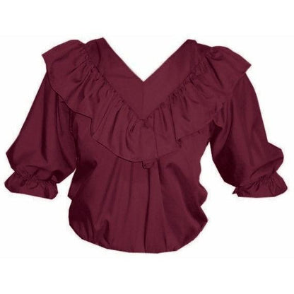 V Neck 3/4 Sleeve Blouse in Burgundy