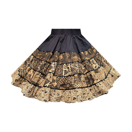 Small Four-Tiered Tan and Black Print Skirt with Ribbon