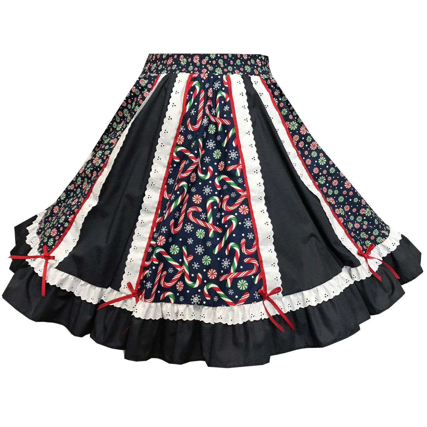 A Candy Cane Fun Square Dance Skirt made by Square Up Fashions with ruffles and bows.