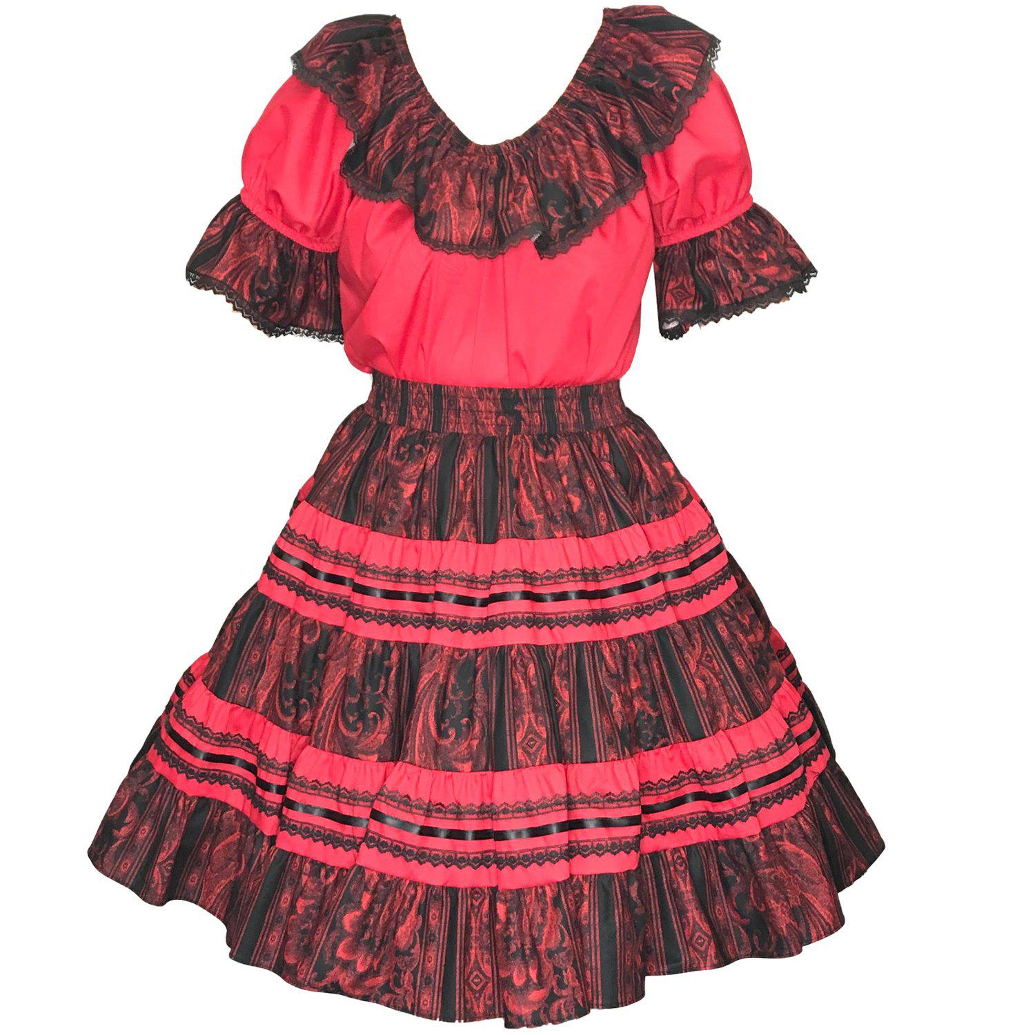 A red and black stripe fabric Regal Stripe Square Dance Outfit mexican dress with ruffles and a 5-tiered skirt by Square Up Fashions.