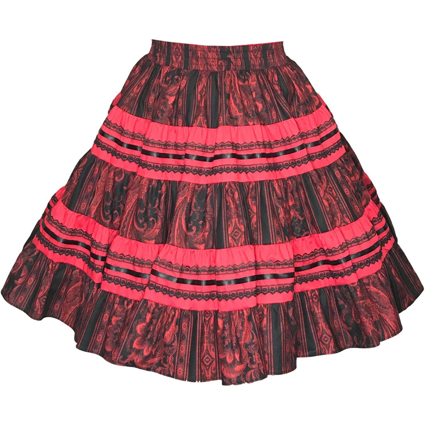 A Regal Print Square Dance Skirt made of stripe fabric in red and black, featuring ruffles, created by Square Up Fashions.