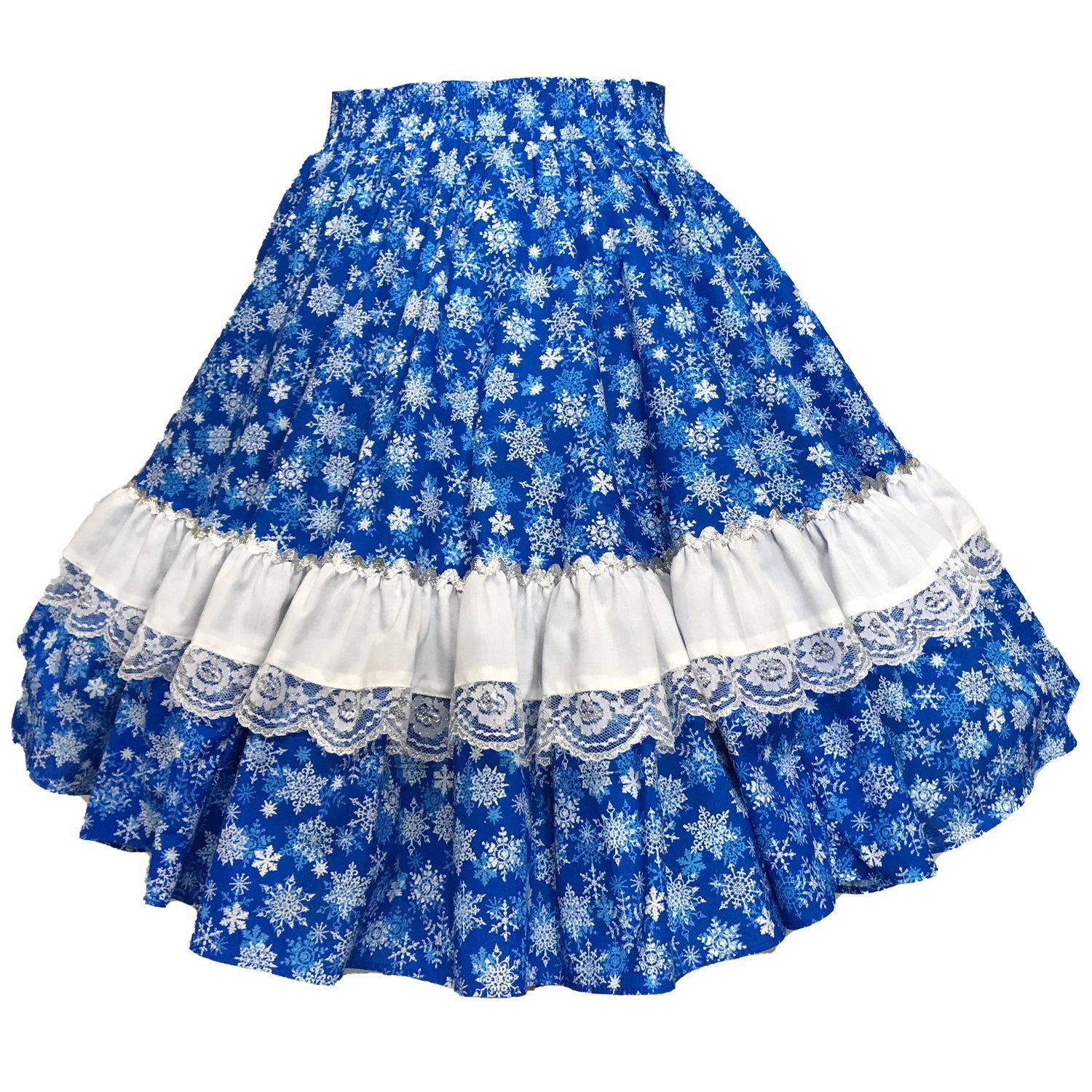 A blue and white snowflake Holiday Glitter Square Dance Skirt with ruffles from Square Up Fashions.
