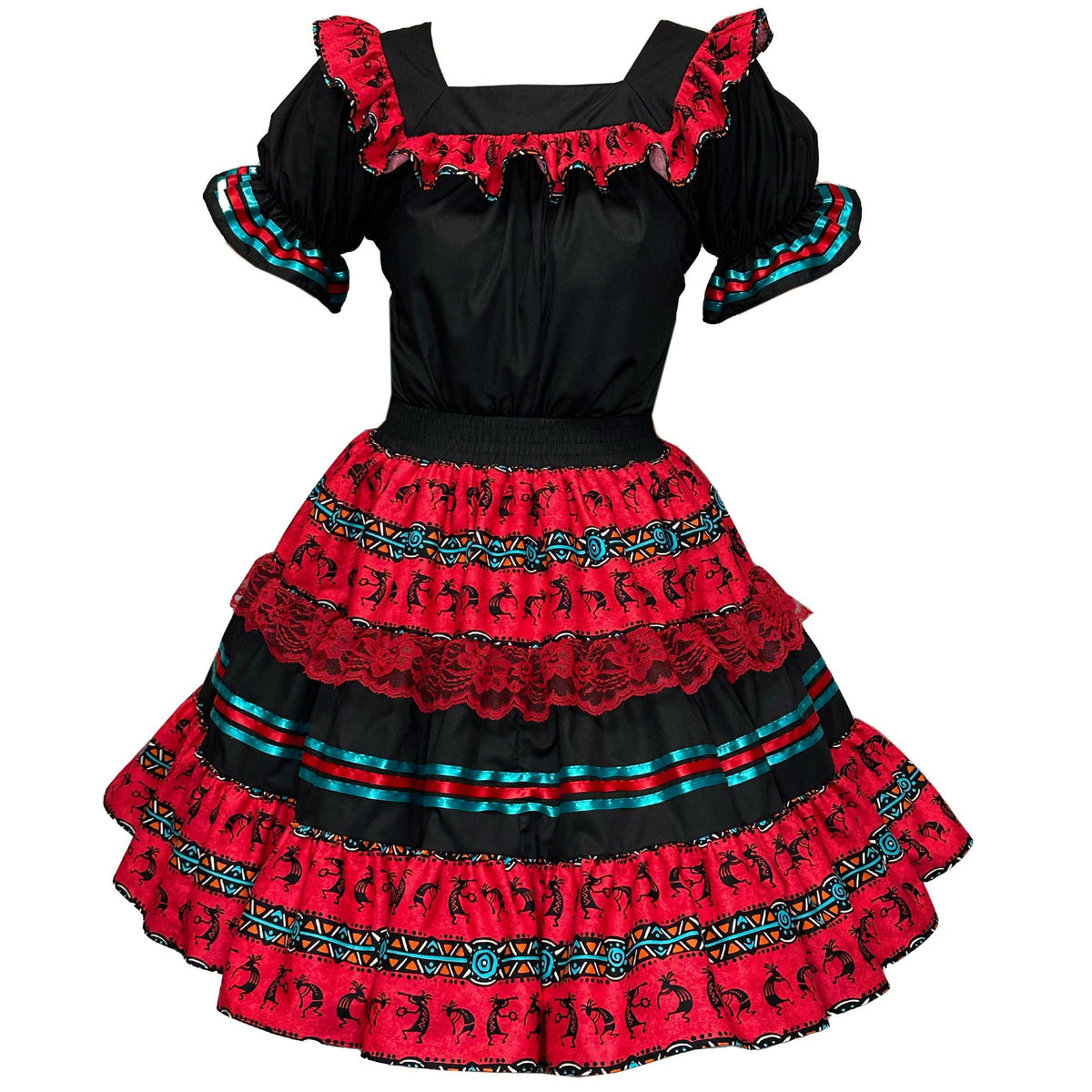A women&#39;s Kokopelli Square Dance Outfit with red and black ruffles and a square dance skirt from Square Up Fashions.