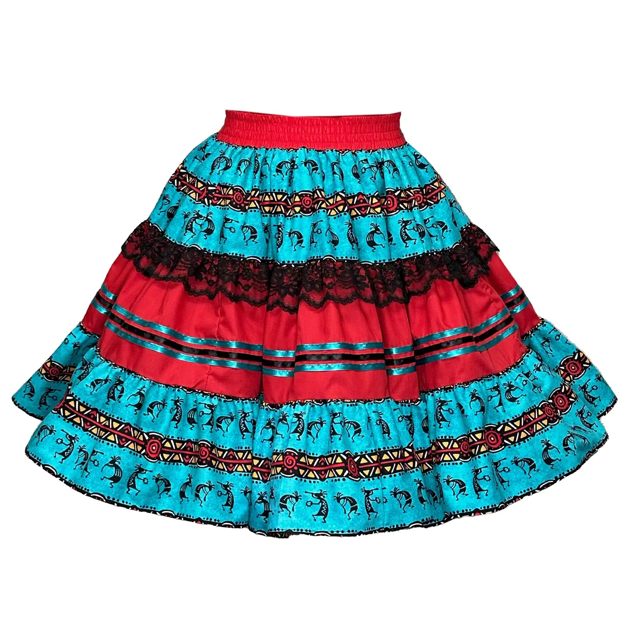 A blue and red Kokopelli Square Dance skirt with a pattern on it from Square Up Fashions.