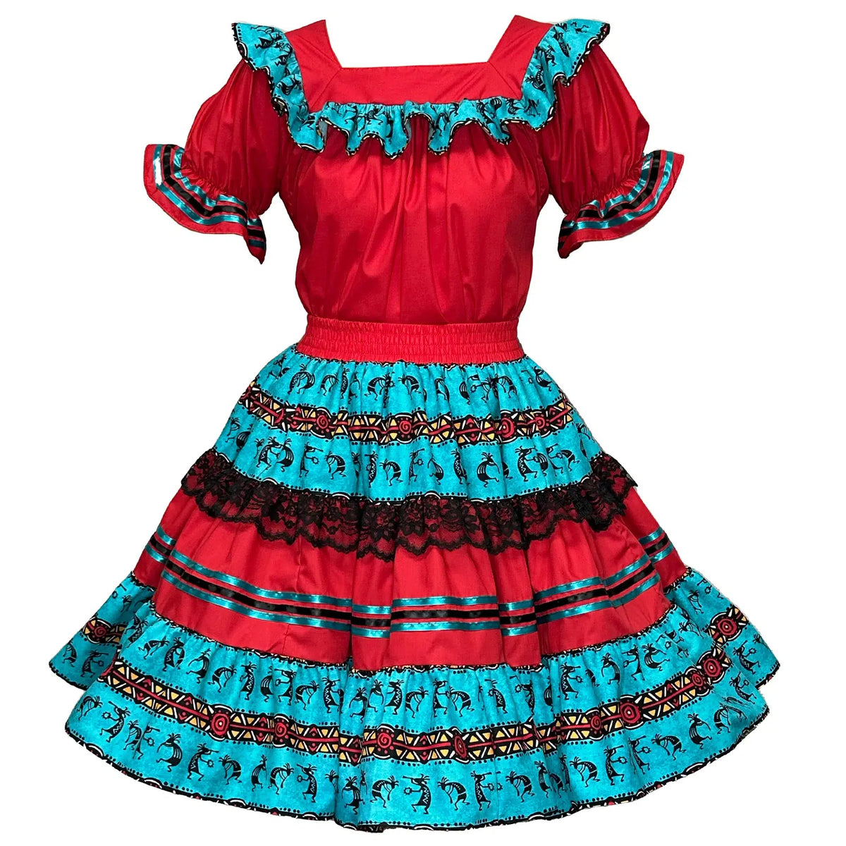 A red and turquoise Kokopelli Square Dance Outfit with a square neck blouse and ruffles by Square Up Fashions.
