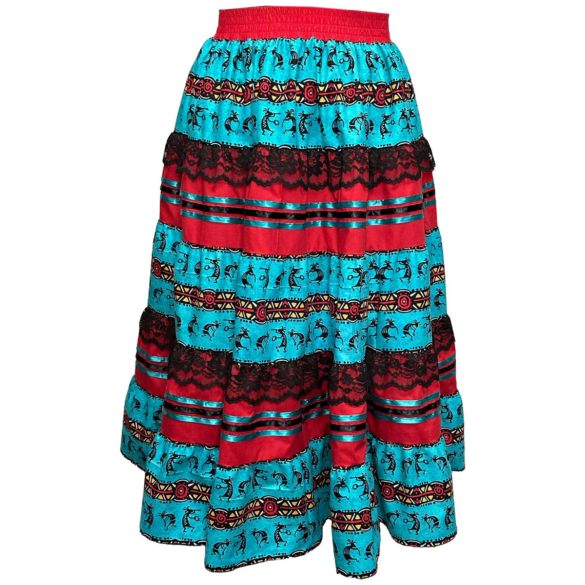 A Kokopelli Prairie Skirt from Square Up Fashions with a red, blue and black pattern.