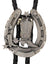 A Western Express Boot and Horseshoe Bolo Tie made in USA with stars on a black cord.
