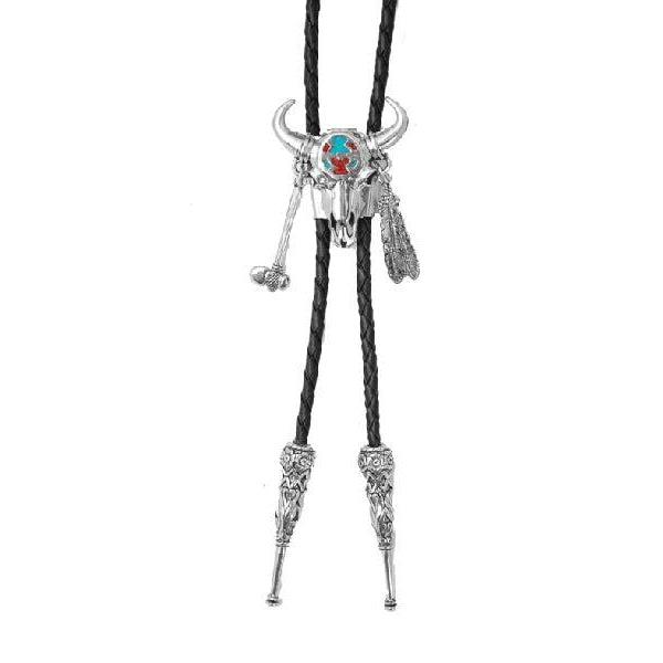 Medicine Bull with Feather Inlay Bolo Tie, Bolo Ties - Square Up Fashions