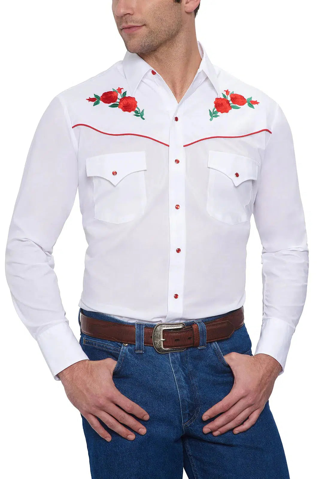 A man wearing a white ELY Mens Embroidered Rose Western Shirt.