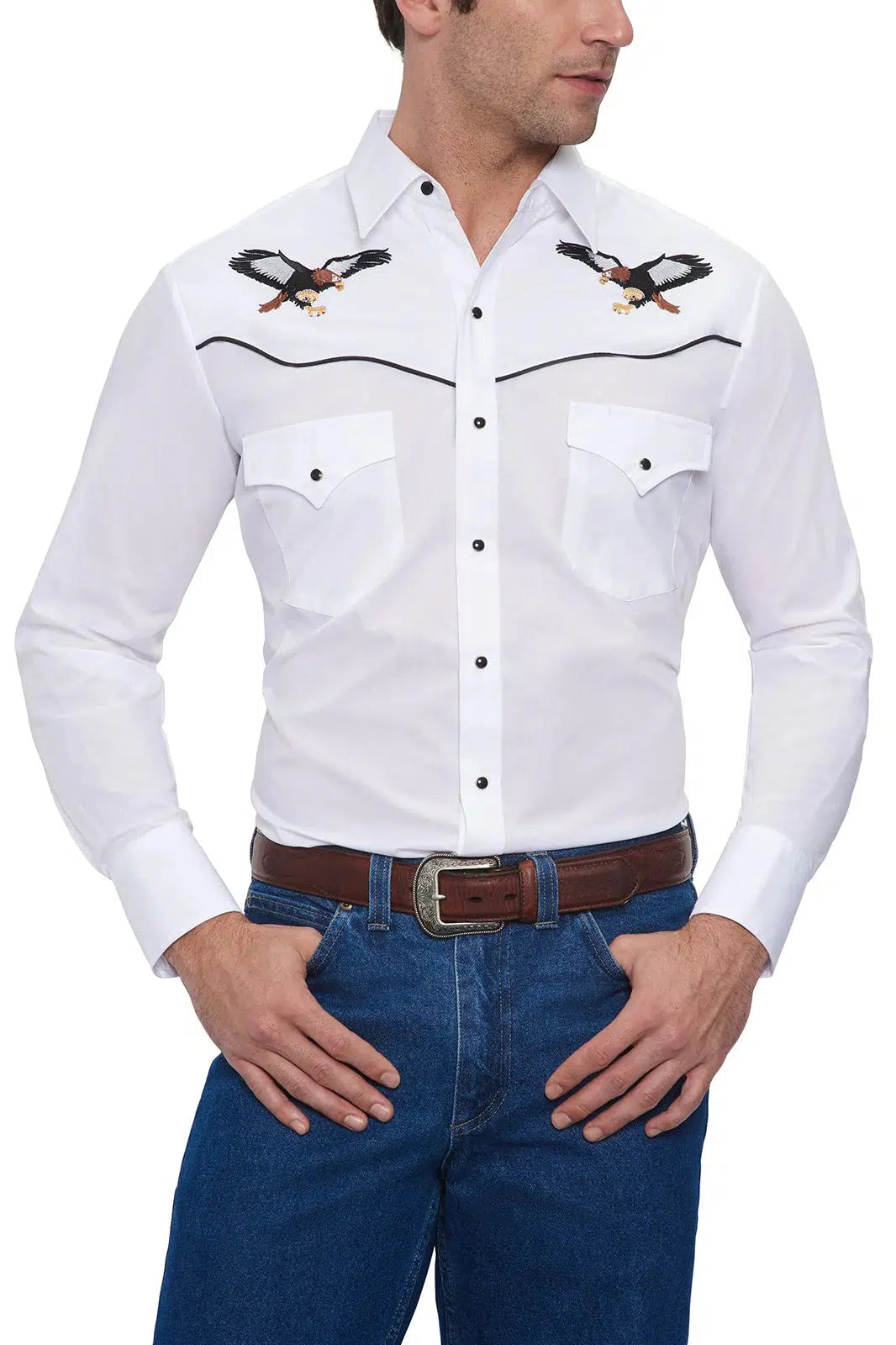 A man wearing an Ely embroidered eagle western shirt and jeans, showcasing his American pride.