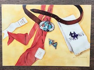 A watercolor painting featuring a belt and other items, such as Square Dance stickers or a car, with perhaps a hint of Square Dance influence by Square Up Fashions.