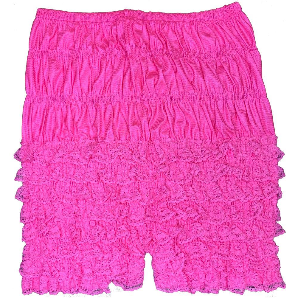 A pair of Square Up Fashions pink pettipants with ruffles and lace trim.