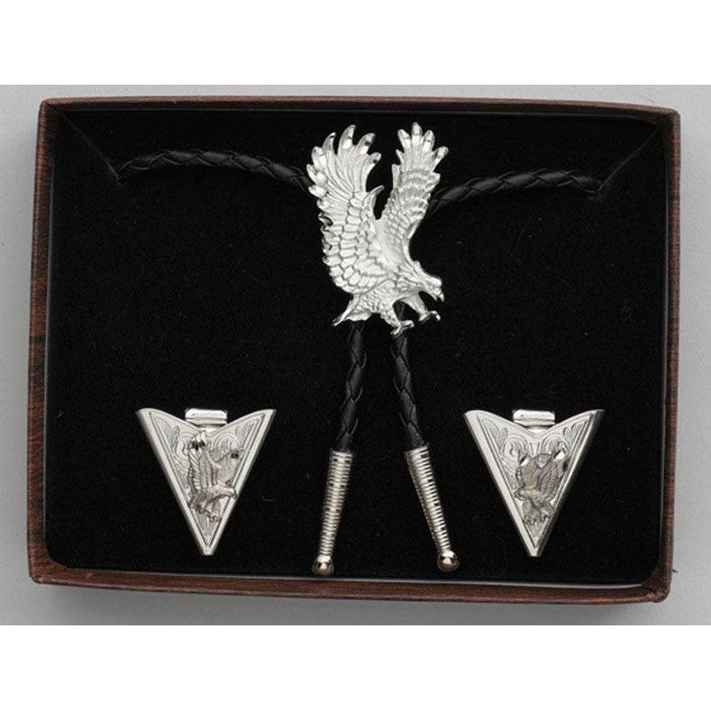 Diamond Cut Silver Eagles Bolo Tie &amp; Collar Tip Set, Collar Tips - Square Up Fashions