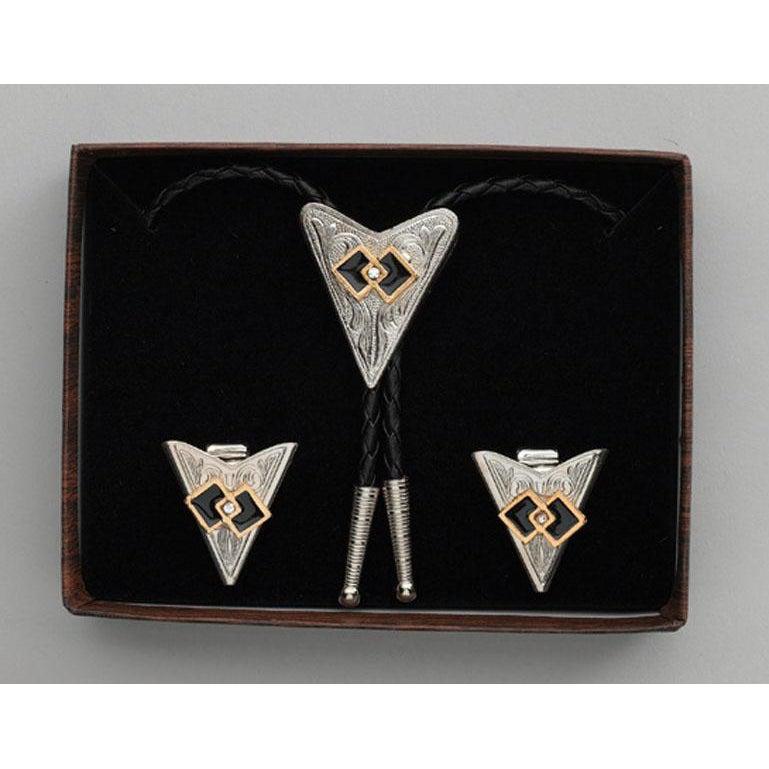 Interlocking Squares &amp; Austrian Crystal Bolo Tie &amp; Collar Tip Set, Collar Tips - Square Up Fashions