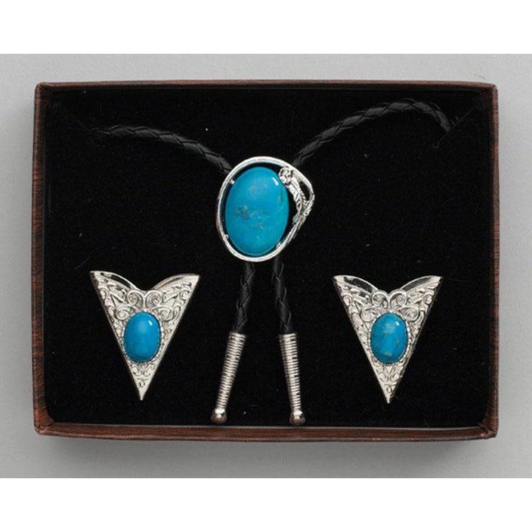 Turquoise Bolo Tie &amp; Collar Tip Set, Collar Tips - Square Up Fashions
