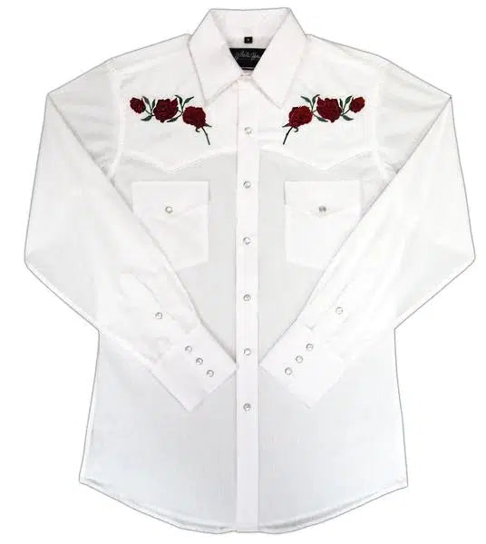 A White Horse brand women&#39;s WHITEHORSE western shirt with roses embroidered on it.